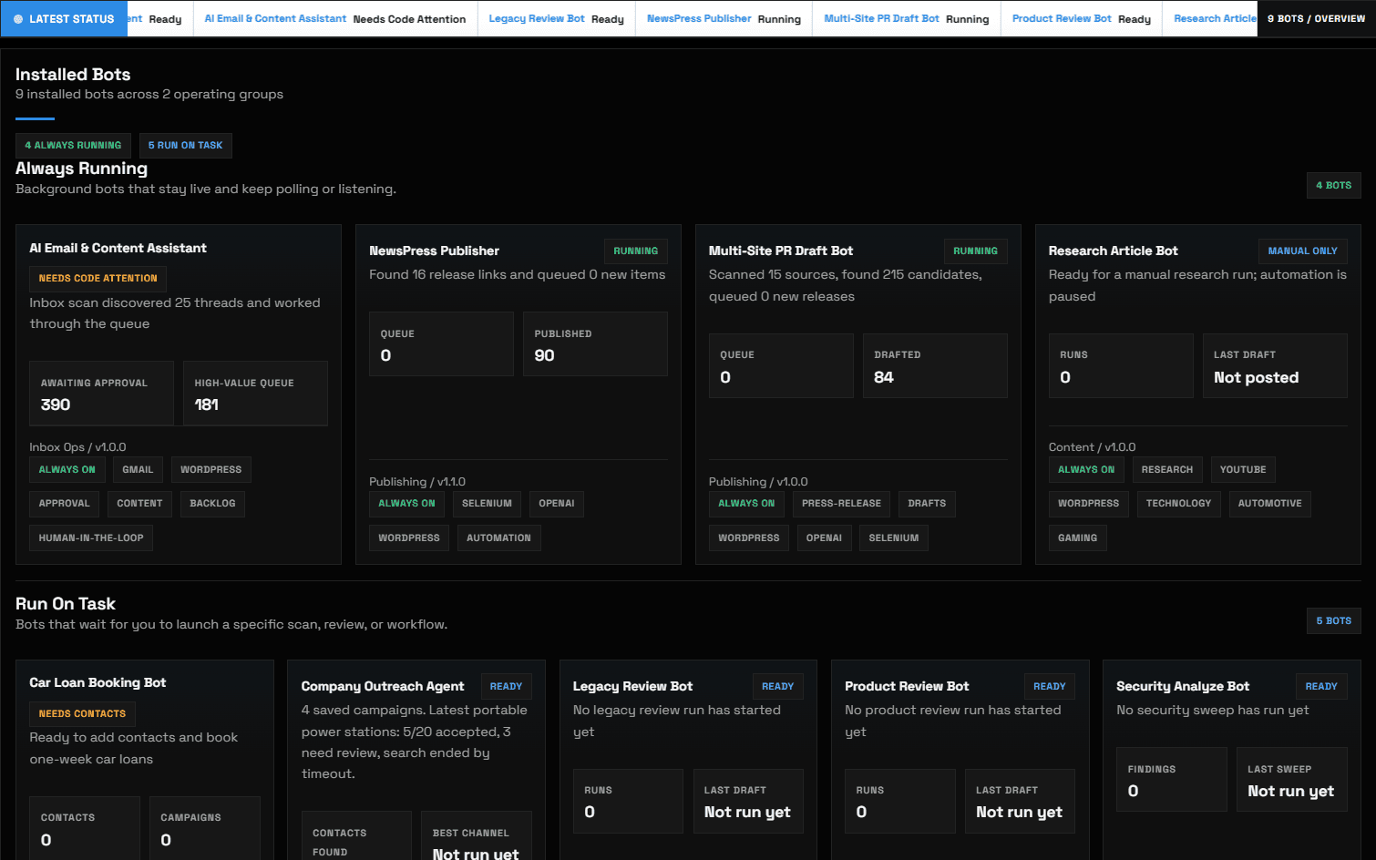 TechDrivePlay automation operator desk showing installed bots, statuses and operating groups